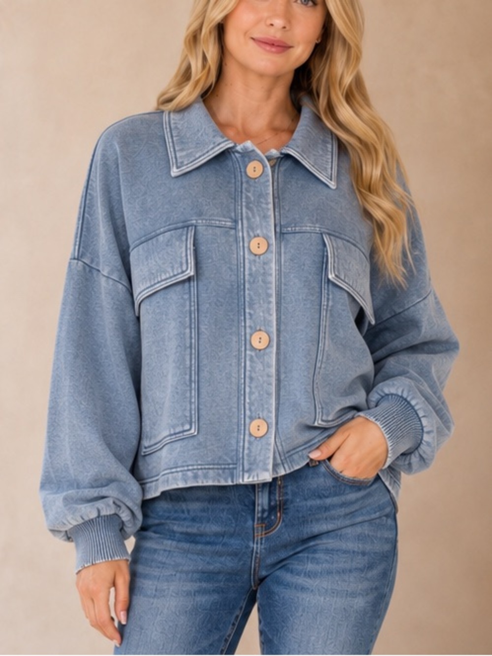 Washed Blue Button-Front Women’s Denim Jacket